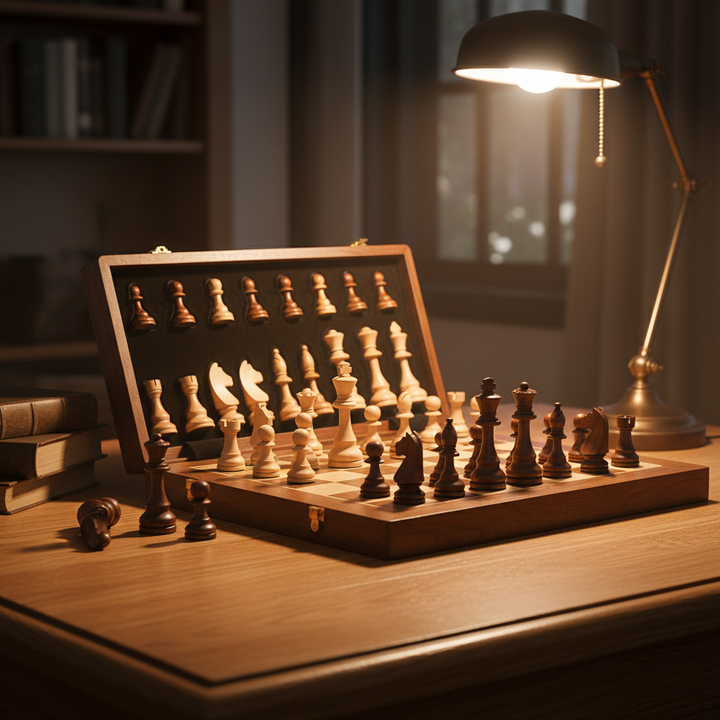 Luxe houten reisschaakset van Woodduelor, perfect voor volwassenen en strategische spellen onderweg. Ideaal als cadeau.