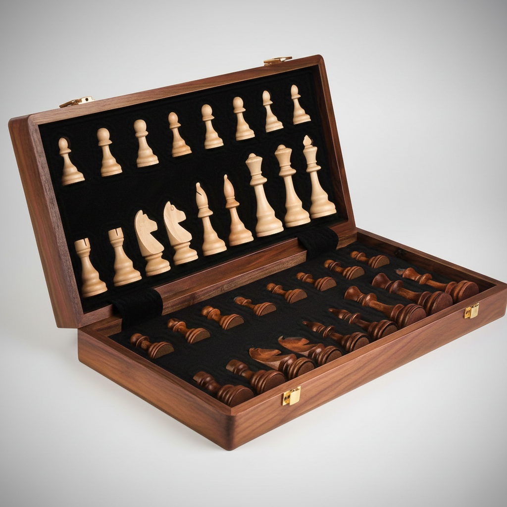 Klassieke massief houten schaakset voor reizen. Compact bordspel van Woodduelor voor volwassen schakers. Duurzaam hout.