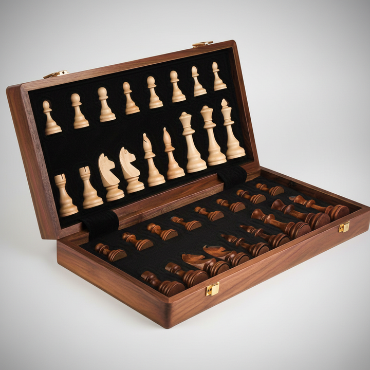 Klassieke massief houten schaakset voor reizen. Compact bordspel van Woodduelor voor volwassen schakers. Duurzaam hout.