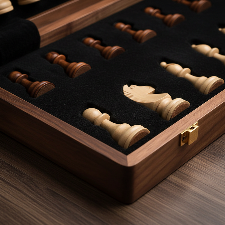 Exclusieve houten reisschaakset, een luxe cadeau voor volwassen strategen. Compact en compleet bordspel voor schaken.