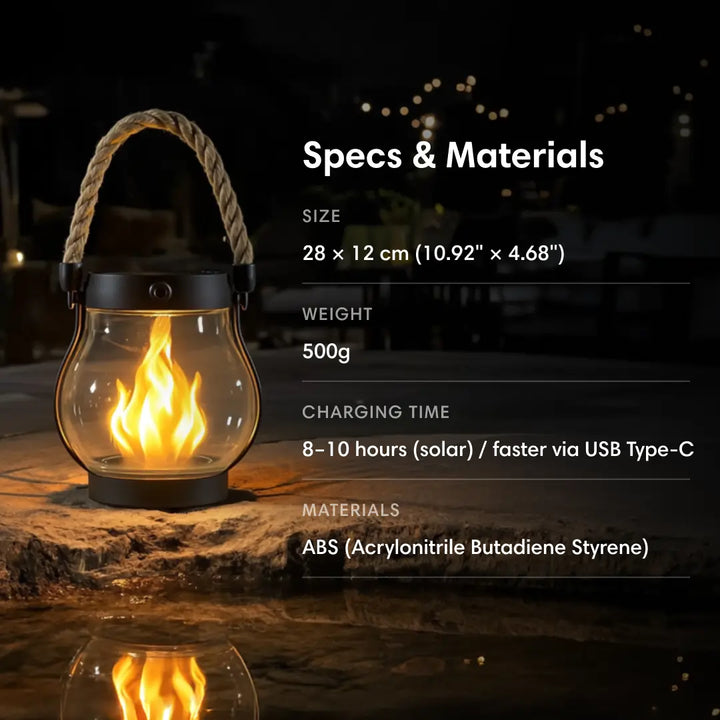 Weerbestendige buitenlamp met realistische vlammen, creëert warme sfeer in de tuin.