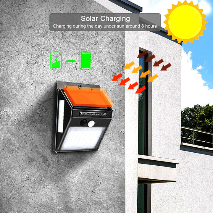 Robuuste draadloze solar LED buitenlamp met bewegingssensor, weerbestendig en geschikt voor alle seizoenen.