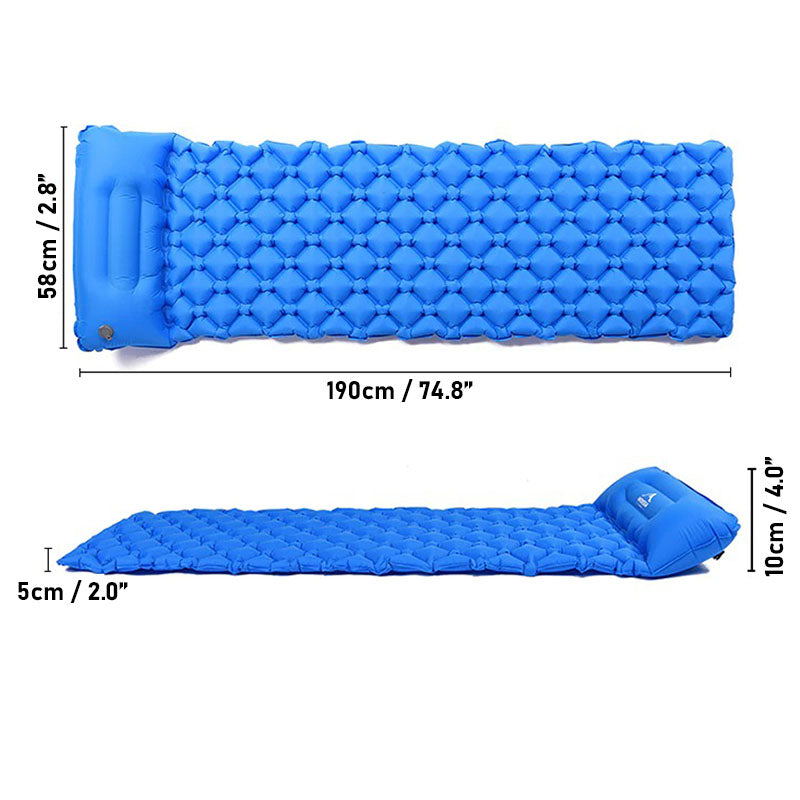 Opblaasbaar comfort matras, duurzaam en rugzakvriendelijk voor elke outdoor trip.
