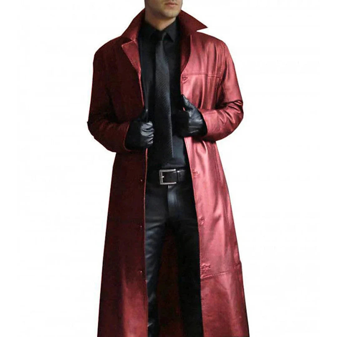 Stijlvolle lange herenjas van zwart kunstleer, perfect als trenchcoat of casual herfst/lente jas voor mannen.