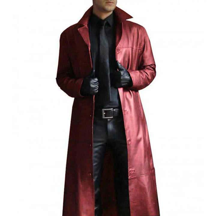 Stijlvolle lange herenjas van zwart kunstleer, perfect als trenchcoat of casual herfst/lente jas voor mannen.