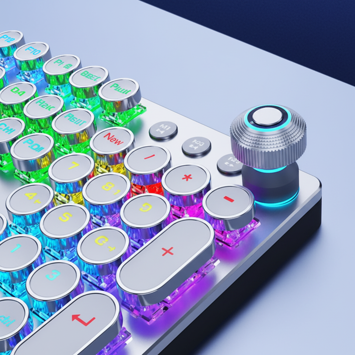 Premium mechanisch gaming toetsenbord 'Clicker' type met dynamische RGB verlichting en multimediaknoppen.