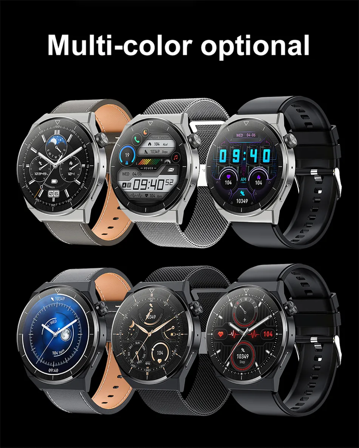 Overzicht van de unisex smartwatch met verwisselbare bandjes (leer, staal, siliconen), veelzijdig.