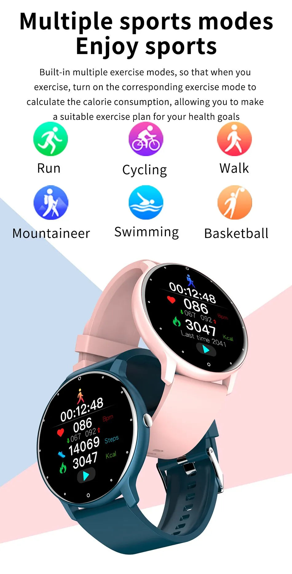 Lichtgewicht en comfortabele sportieve smartwatch met verstelbare band, perfect voor langdurig dragen.