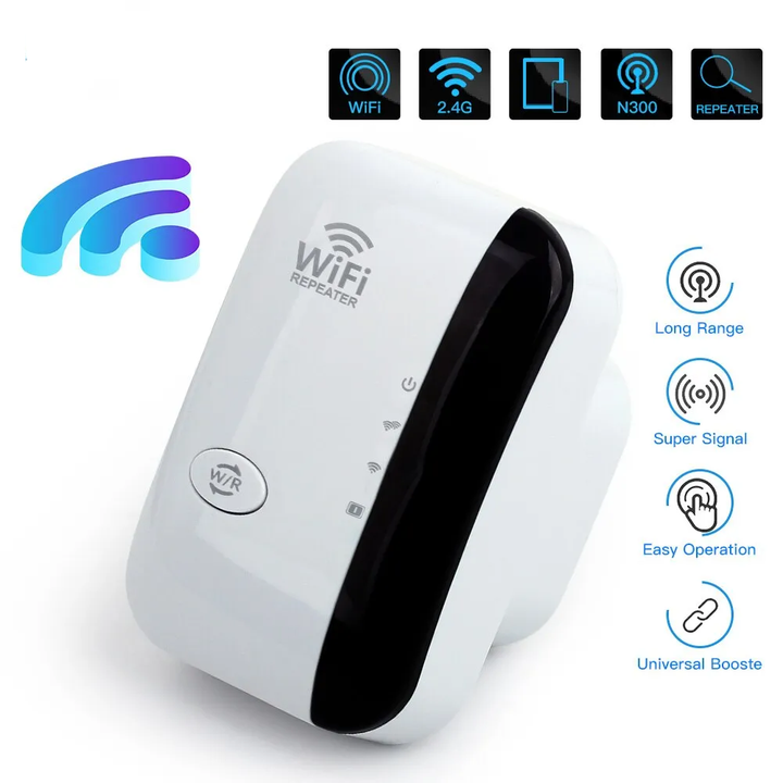 Universele wifi versterker met externe antennes voor een sterker draadloos netwerk thuis.