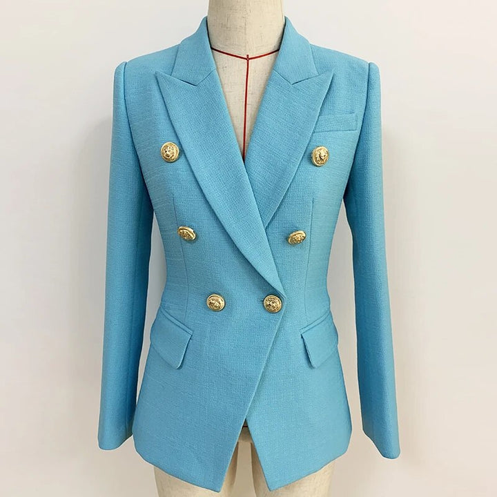 Stijlvolle getailleerde blazer voor dames, met gouden leeuwenknopen en een klassieke uitstraling.