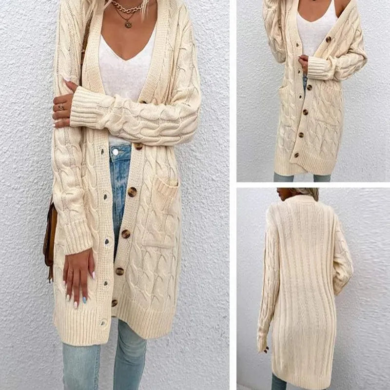 Gezellig lang gebreid damesvest, gedraaid design. Heerlijk comfortabel en warm, ideaal voor casual herfst- en winterdagen.
