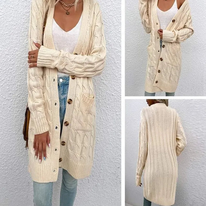 Gezellig lang gebreid damesvest, gedraaid design. Heerlijk comfortabel en warm, ideaal voor casual herfst- en winterdagen.