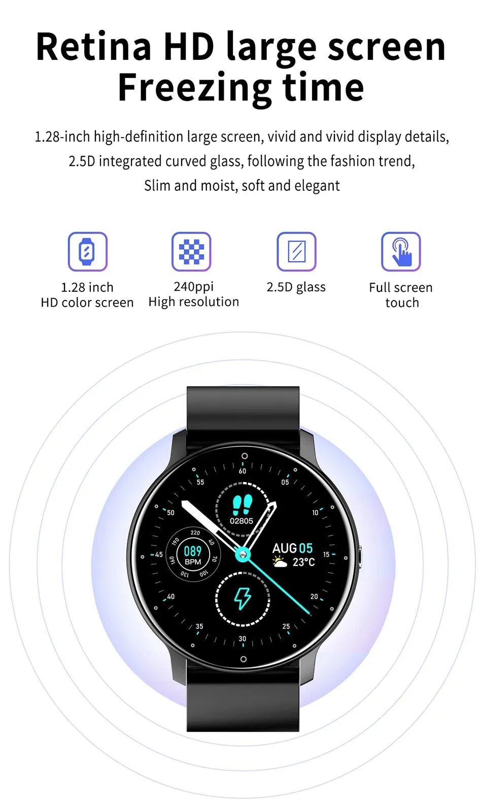 Helder digitaal scherm van de unisex smartwatch toont meldingen, fitnessdata en tijd duidelijk.