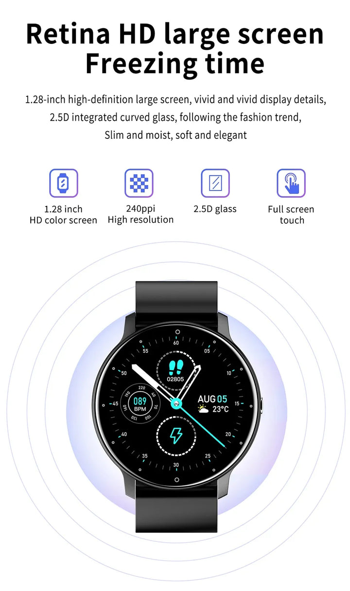 Helder digitaal scherm van de unisex smartwatch toont meldingen, fitnessdata en tijd duidelijk.