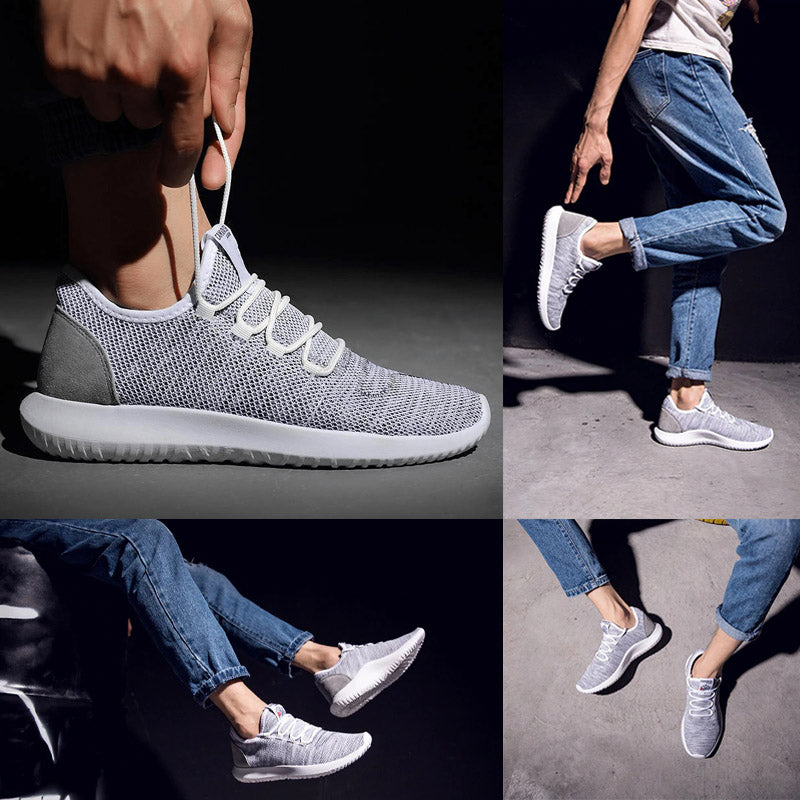Detail van zijkant beige heren sneakers, toont de elastische instap en fijne textuur.