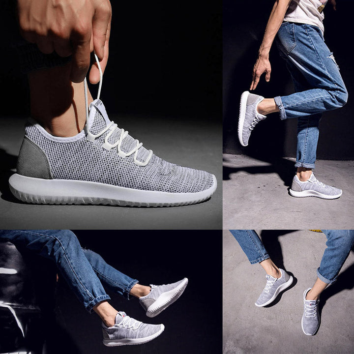 Detail van zijkant beige heren sneakers, toont de elastische instap en fijne textuur.