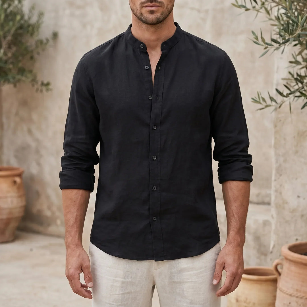 Heren casual overhemd met mandarijnkraag, losvallend, lange mouw. Perfect voor lente en zomer, comfortabel en stijlvol.