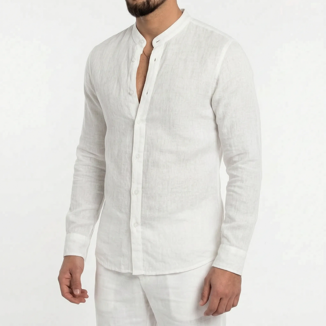 Trendy heren casual overhemd met mandarijnkraag. Geschikt voor lente mode, comfortabel en veelzijdig.