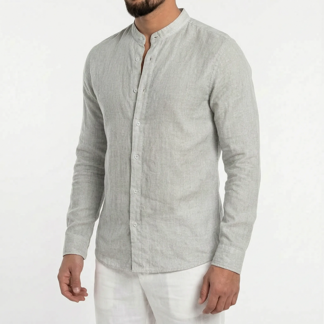 Heren overhemd met mandarijnkraag en knoopsluiting. Casual, losvallend en lange mouw. Comfortabele herenkleding.