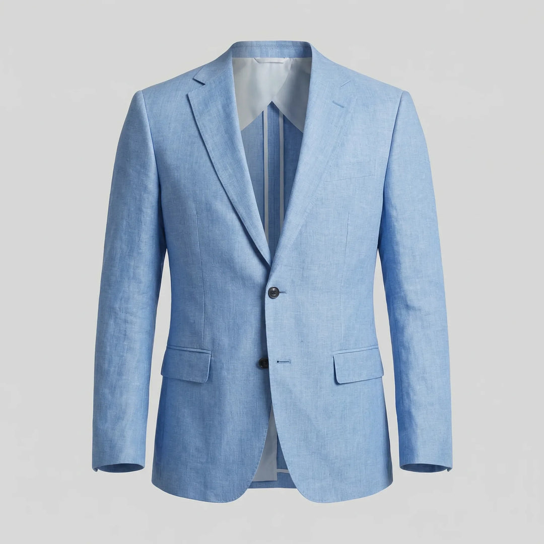 Lente/zomer marineblauwe heren blazer met elegante revers. Geschikt voor kantoor of terras.