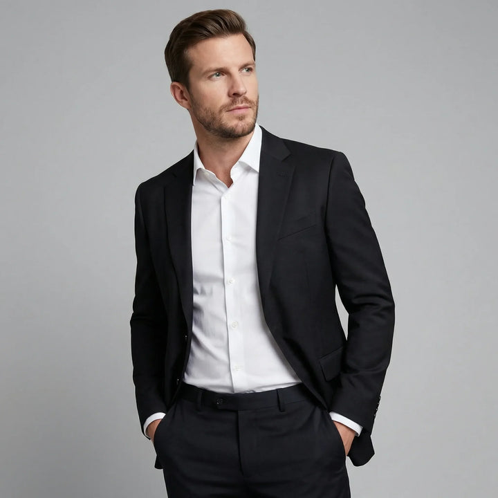 Marineblauwe heren blazer, elegant en modern. Voor zakelijke en casual zomerse gelegenheden.