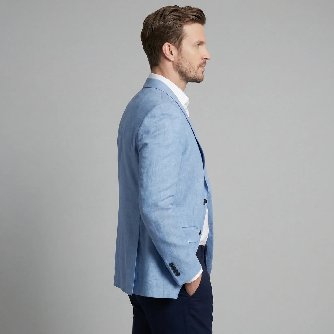 Marineblauwe single-breasted heren blazer, ademend voor de zomer. Stijlvol & modern design.