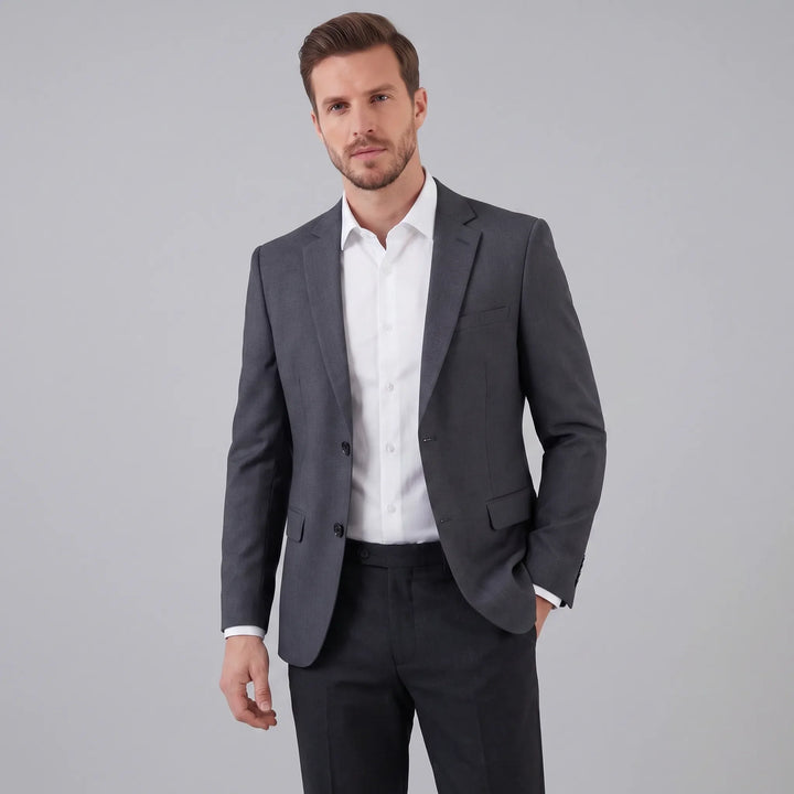 Zwarte heren slim fit blazer; elegant single-breasted colbert voor zakelijke en formele gelegenheden.