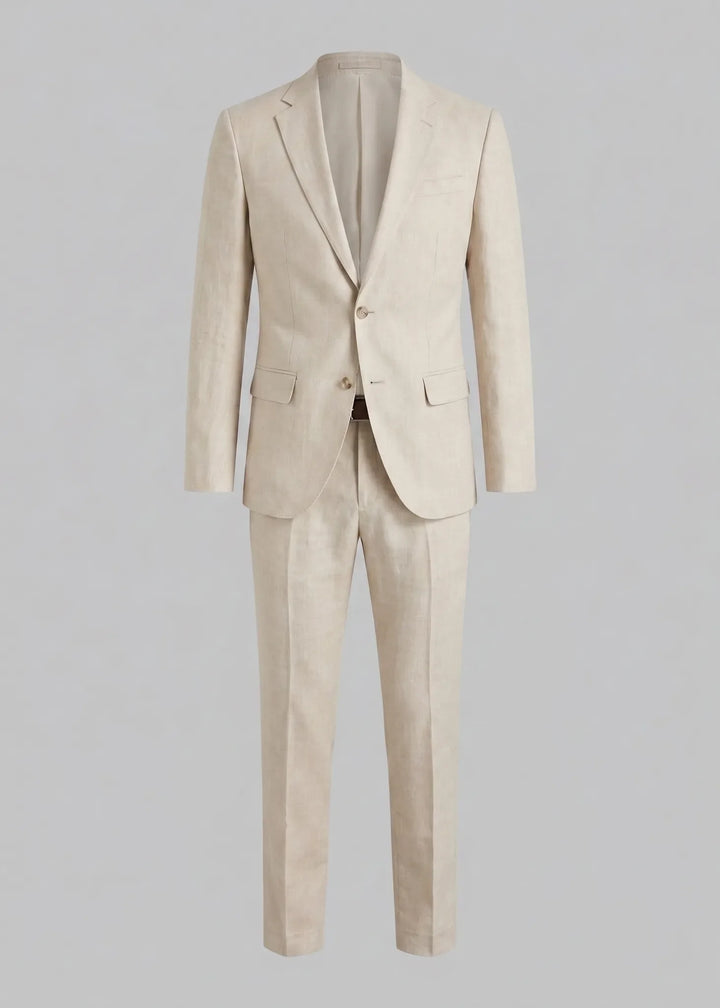 Lichtgewicht beige slim fit heren pak. Trendy tweedelig pak met pantalon en blazer voor feest of kantoor.