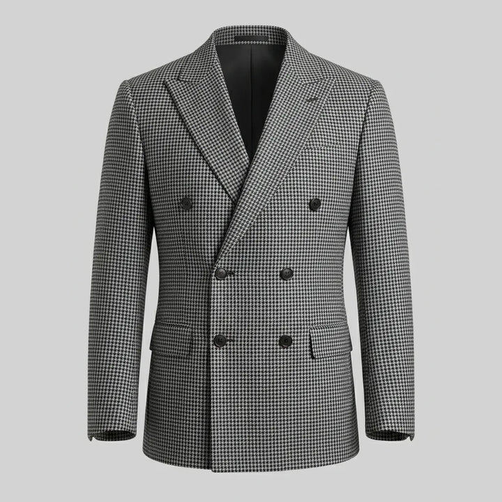 Zakelijke herenblazer: slimfit, double-breasted met verfijnd ruitpatroon, voor een scherpe uitstraling.