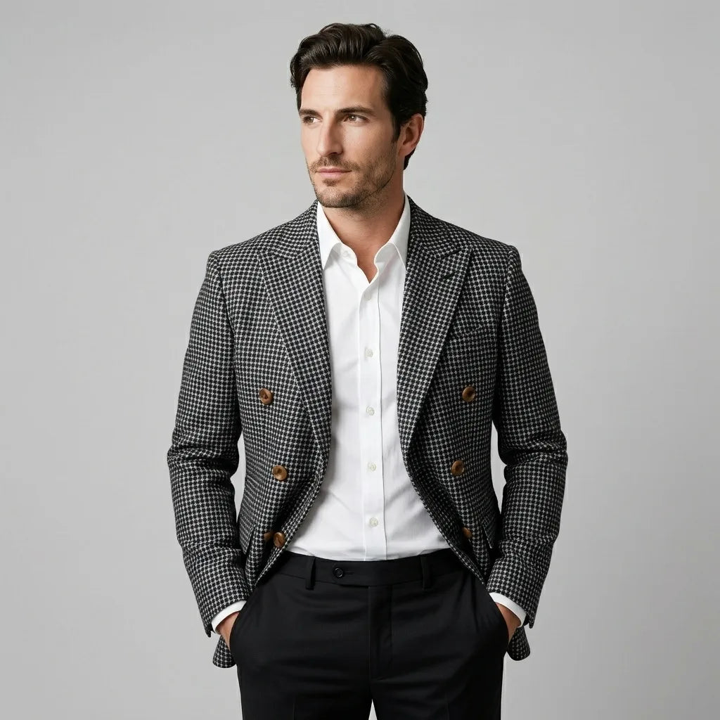 Trendy double-breasted herenblazer met klassiek ruitpatroon, voegt elegantie toe aan elke outfit.