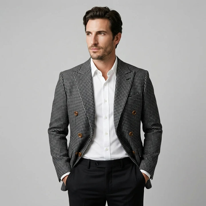 Trendy double-breasted herenblazer met klassiek ruitpatroon, voegt elegantie toe aan elke outfit.