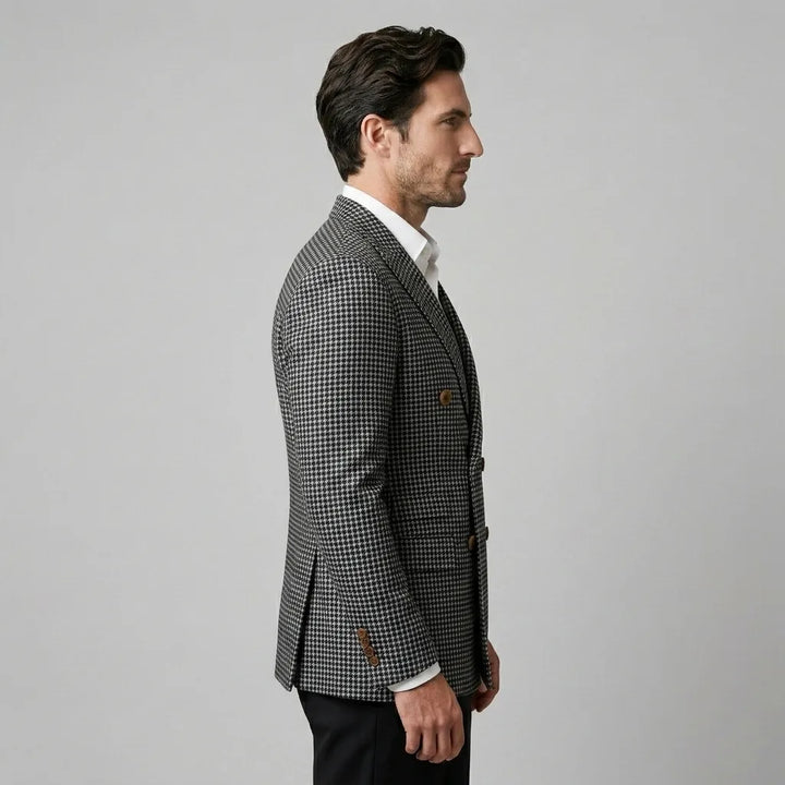 Casual én chique heren blazer met dubbele rij knopen en distinctief ruitpatroon, comfortabele pasvorm.