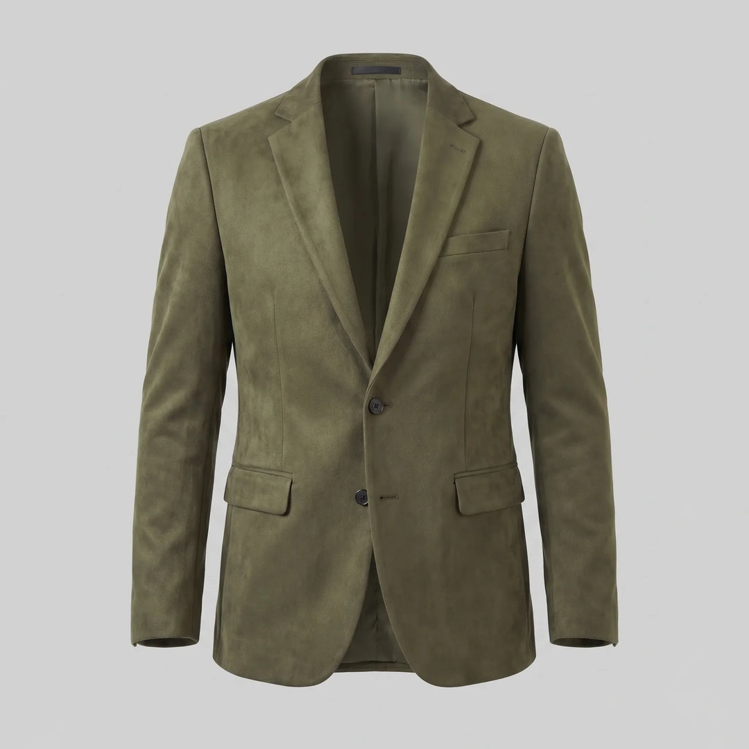 Close-up van de V-hals en knopen van een heren slim fit blazer, chique en verfijnd.
