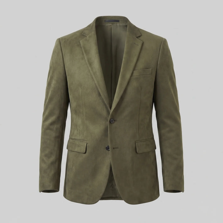 Close-up van de V-hals en knopen van een heren slim fit blazer, chique en verfijnd.