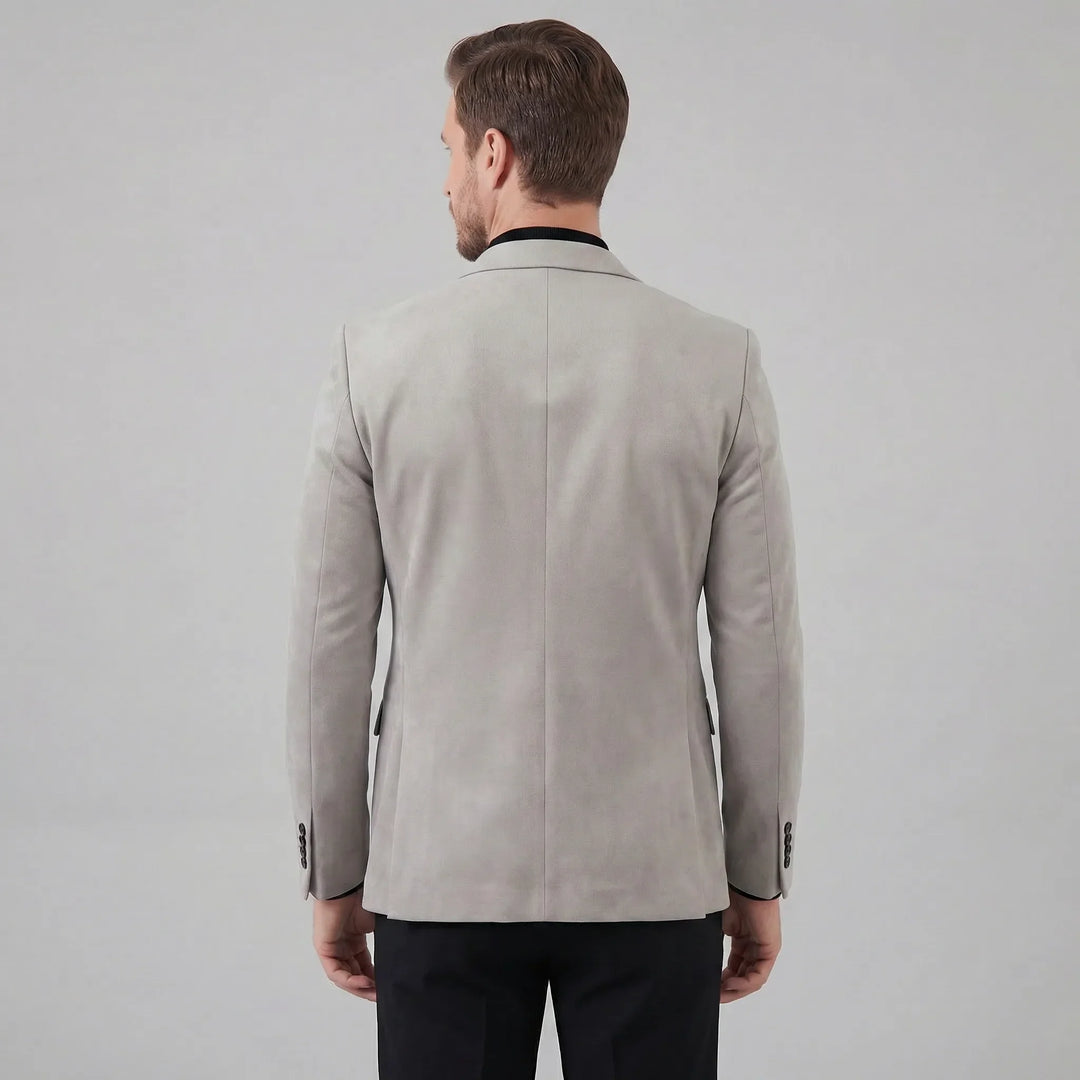 Grijs heren blazer, slim fit, met een moderne V-hals en elegante snit.