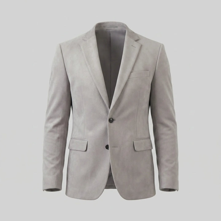 Detailopname van de stof en V-hals van een heren slim fit blazer, hoogwaardige kwaliteit.