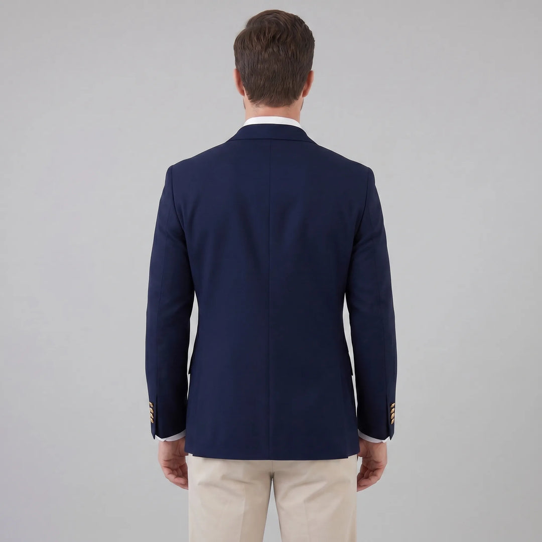 Elegante heren blazer met lange mouwen, marineblauw, goudkleurige knopen. Perfecte bovenkleding voor een formele look.