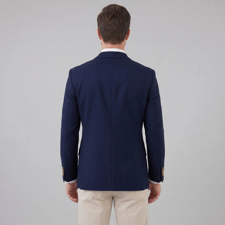 Elegante heren blazer met lange mouwen, marineblauw, goudkleurige knopen. Perfecte bovenkleding voor een formele look.