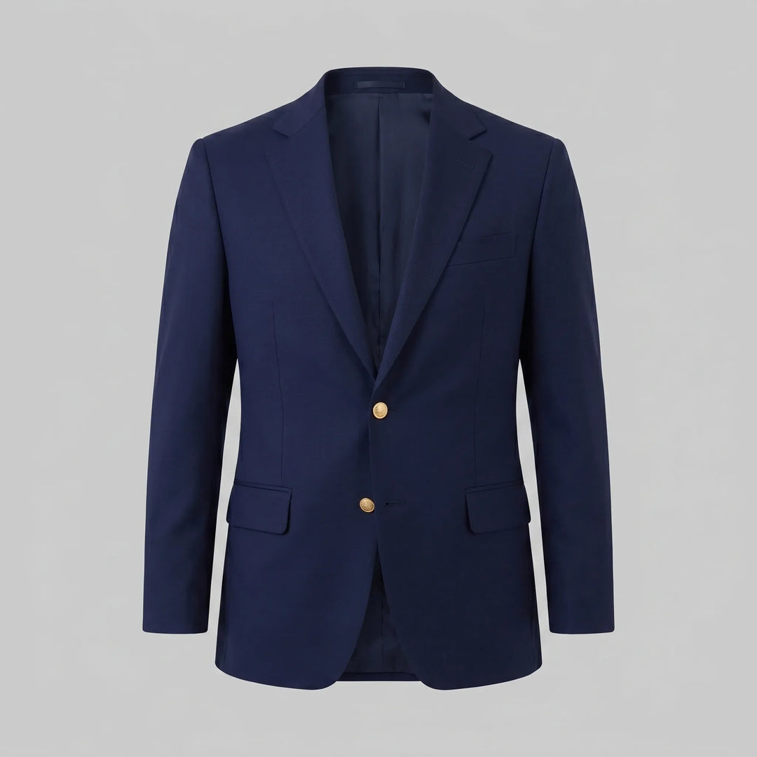 Zakelijke herenblazer in diep marineblauw met luxe goudkleurige knopen. Comfortabele slim fit pasvorm voor herenmode.