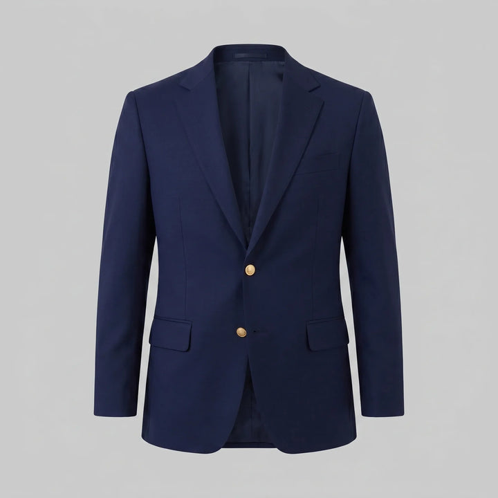 Zakelijke herenblazer in diep marineblauw met luxe goudkleurige knopen. Comfortabele slim fit pasvorm voor herenmode.