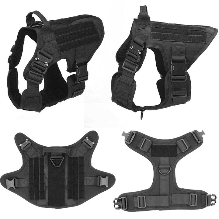 Zwart nylon niet-trek hondenharnas met reflecterende stiksels voor extra veiligheid bij schemering.