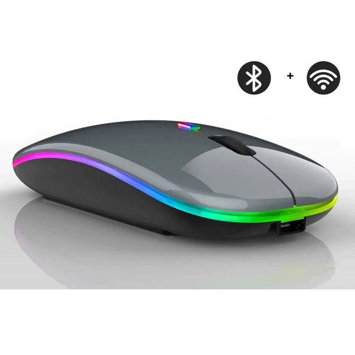 Gebruiksvriendelijke draadloze muis, oplaadbaar, met LED-verlichting en ergonomisch design voor elke hand.