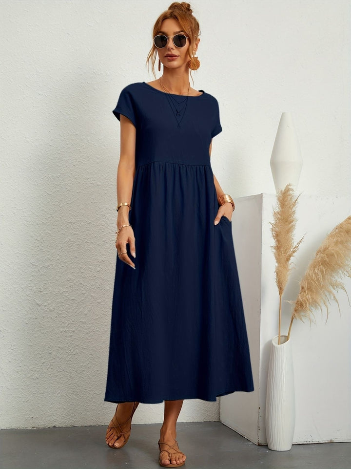Elegante A-lijn midijurk dames, korte mouwen, comfortabele stretchstof, veelzijdig en tijdloos.