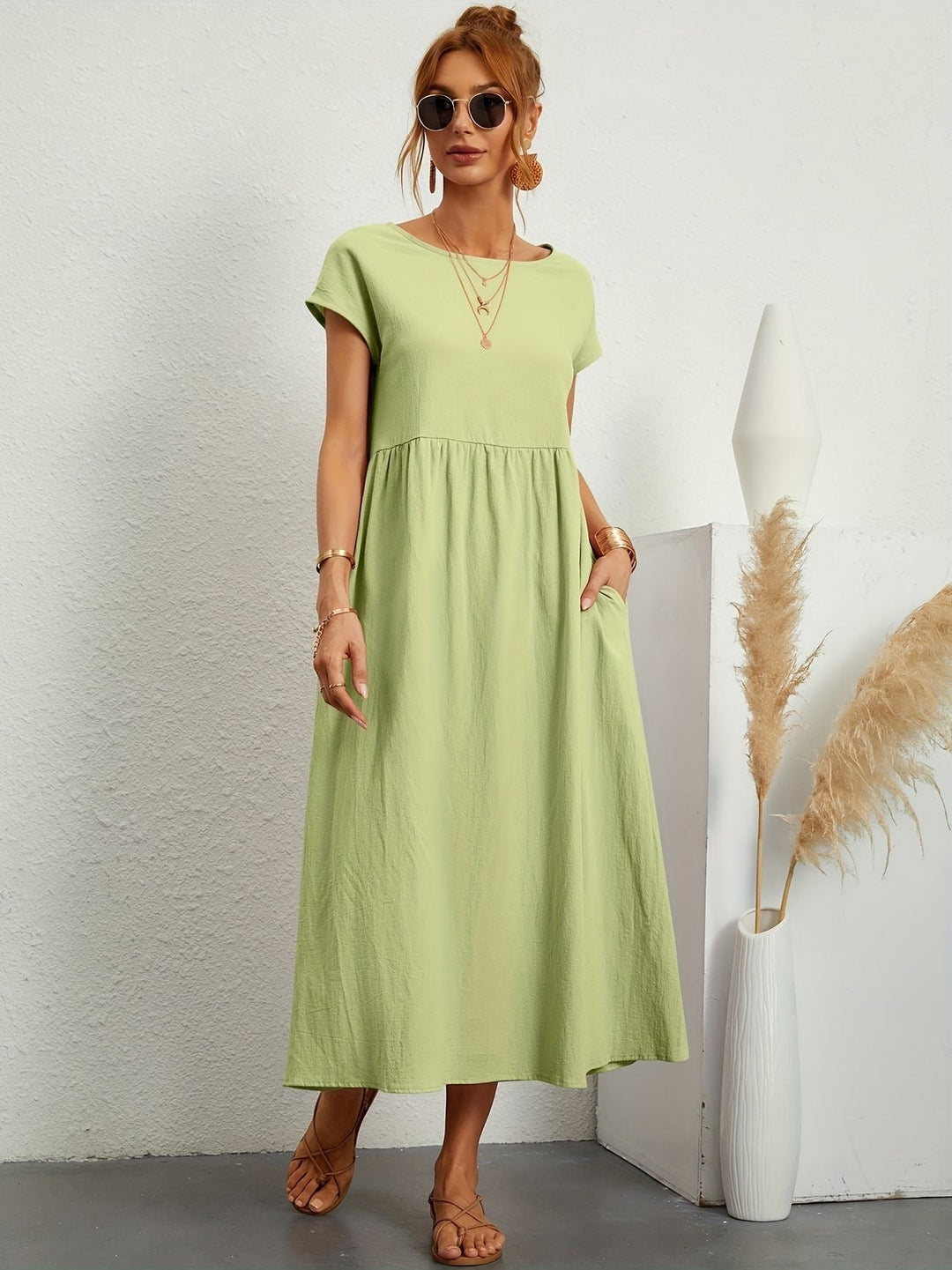 Comfortabele casual midijurk dames, korte mouwen, eenvoudig elegant voor dagelijks comfort.