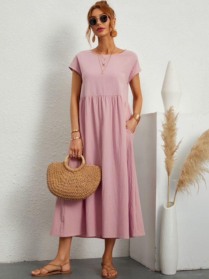 A-lijn damesjurk midi, korte mouwen, comfortabele en flatterende pasvorm, perfect voor de zomer.
