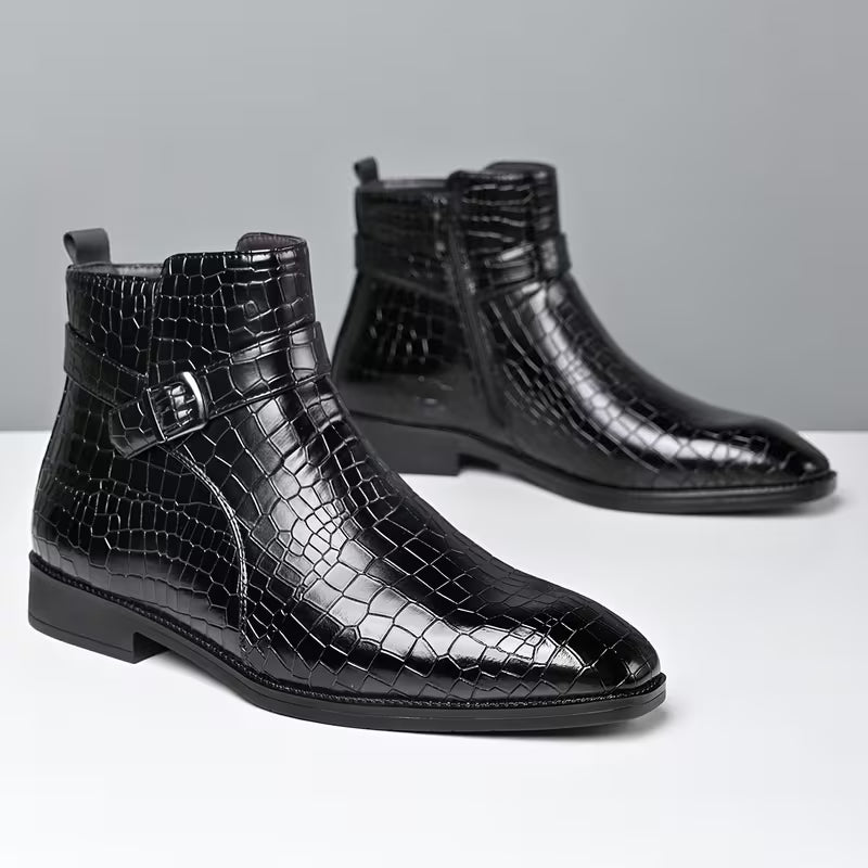 Comfortabele heren mid-top enkellaarzen met exotische krokodillenprint en praktische zijrits.