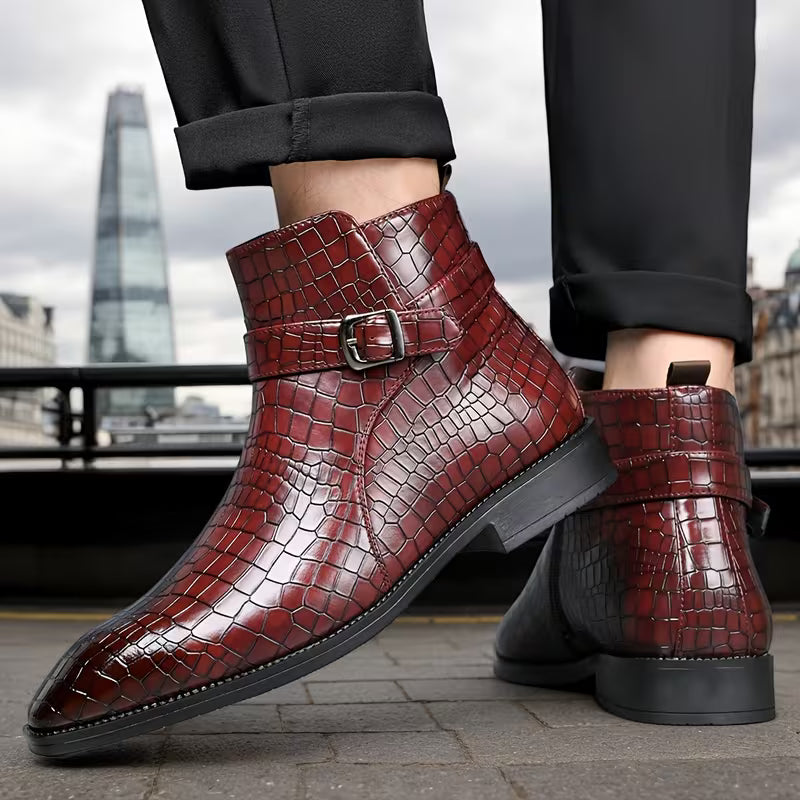 Modieuze heren mid-top enkellaarzen met exotische krokodillenprint textuur, zijrits. Geschikt voor alle seizoenen.