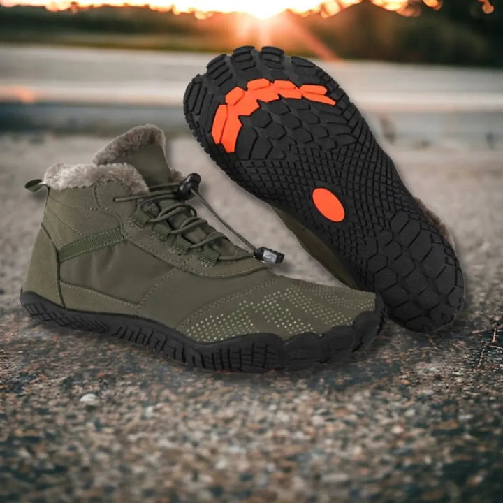 Groene comfortabele wandelschoenen Jesse, type blotevoetschoenen met flexibele zool en brede teenbox voor mannen en vrouwen.