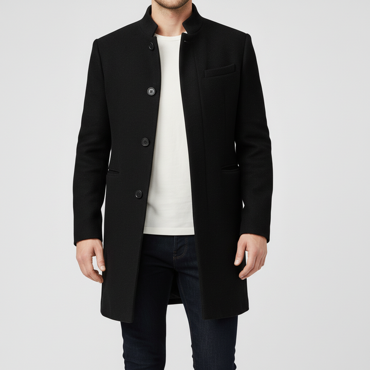 Elegante Michael herenjas met open kraag, detail toont de subtiele verfijning van deze minimalistische jas.