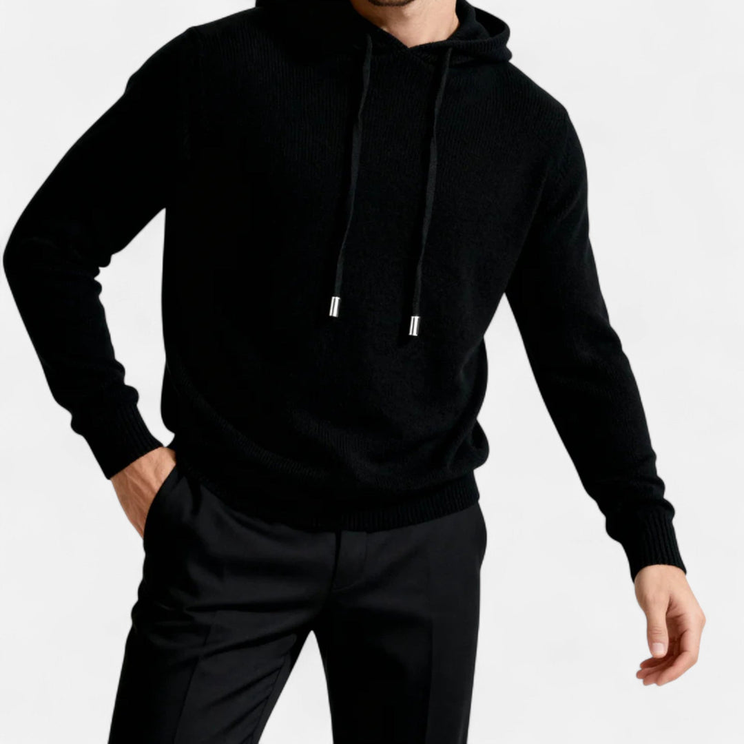 Strakke minimalistische heren trui Leo met capuchon, luxe pullover voor een comfortabele en moderne casual look.